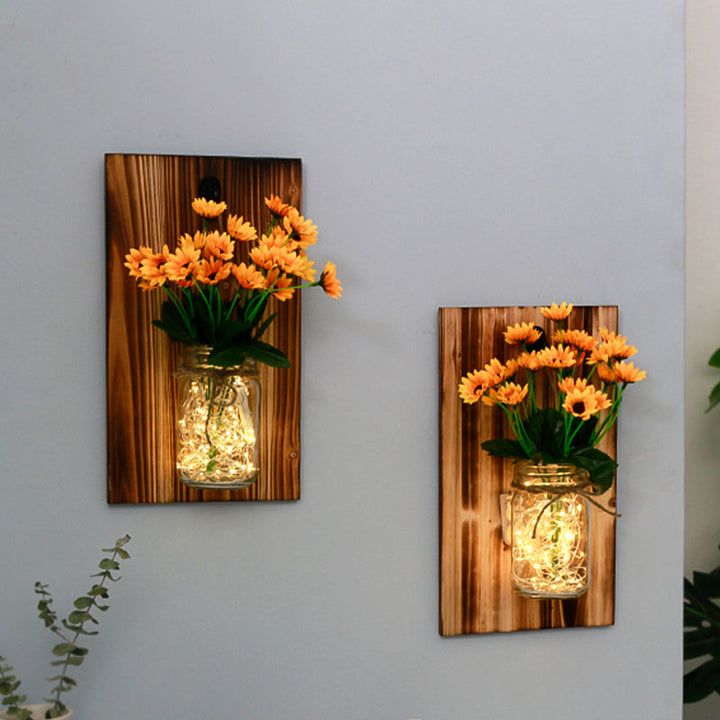 Skørter | Beige/Orange/White Flower Wall Lamp Contemporary String Light with Wooden Back Plate