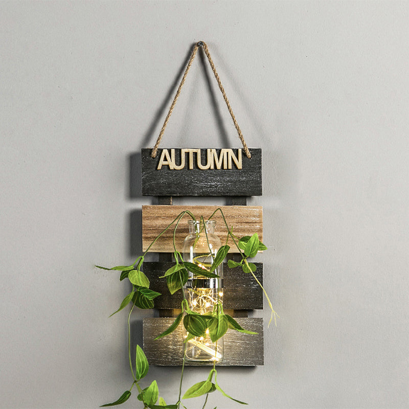 Skørter | Dark Green/Light Green/Yellow Plant Wall Lamp Rustic Ambient Lighting with Wooden Backplate