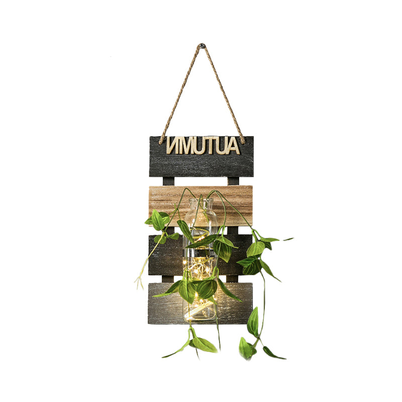 Skørter | Dark Green/Light Green/Yellow Plant Wall Lamp Rustic Ambient Lighting with Wooden Backplate