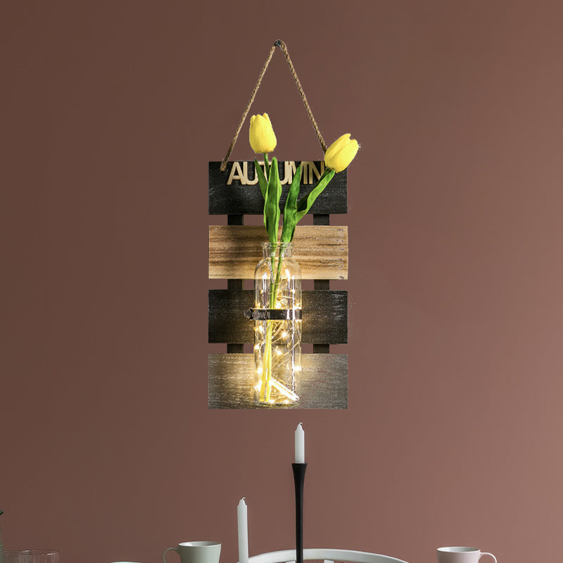 Skørter | Dark Green/Light Green/Yellow Plant Wall Lamp Rustic Ambient Lighting with Wooden Backplate