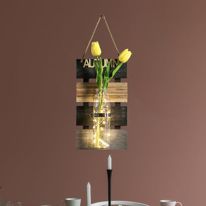 Skørter | Dark Green/Light Green/Yellow Plant Wall Lamp Rustic Ambient Lighting with Wooden Backplate
