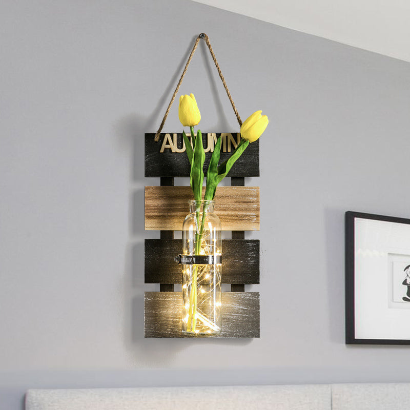 Skørter | Dark Green/Light Green/Yellow Plant Wall Lamp Rustic Ambient Lighting with Wooden Backplate