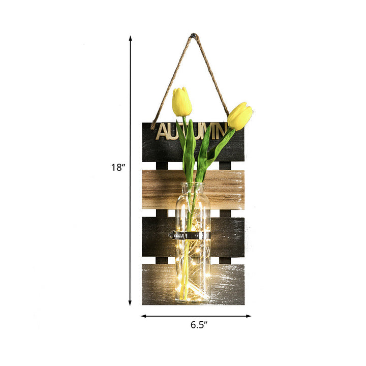 Skørter | Dark Green/Light Green/Yellow Plant Wall Lamp Rustic Ambient Lighting with Wooden Backplate