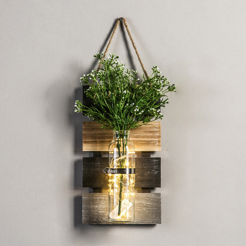 Skørter | Dark Green/Light Green/Yellow Plant Wall Lamp Rustic Ambient Lighting with Wooden Backplate