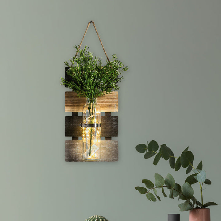 Skørter | Dark Green/Light Green/Yellow Plant Wall Lamp Rustic Ambient Lighting with Wooden Backplate