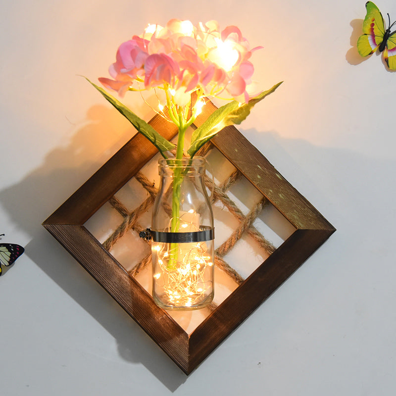 Skørter | Pink Flower Accent Wall Light Asian Style Clear Glass Light String with Wooden Backplate