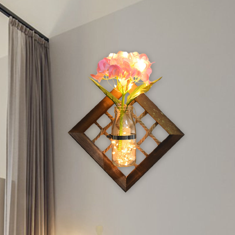 Skørter | Pink Flower Accent Wall Light Asian Style Clear Glass Light String with Wooden Backplate
