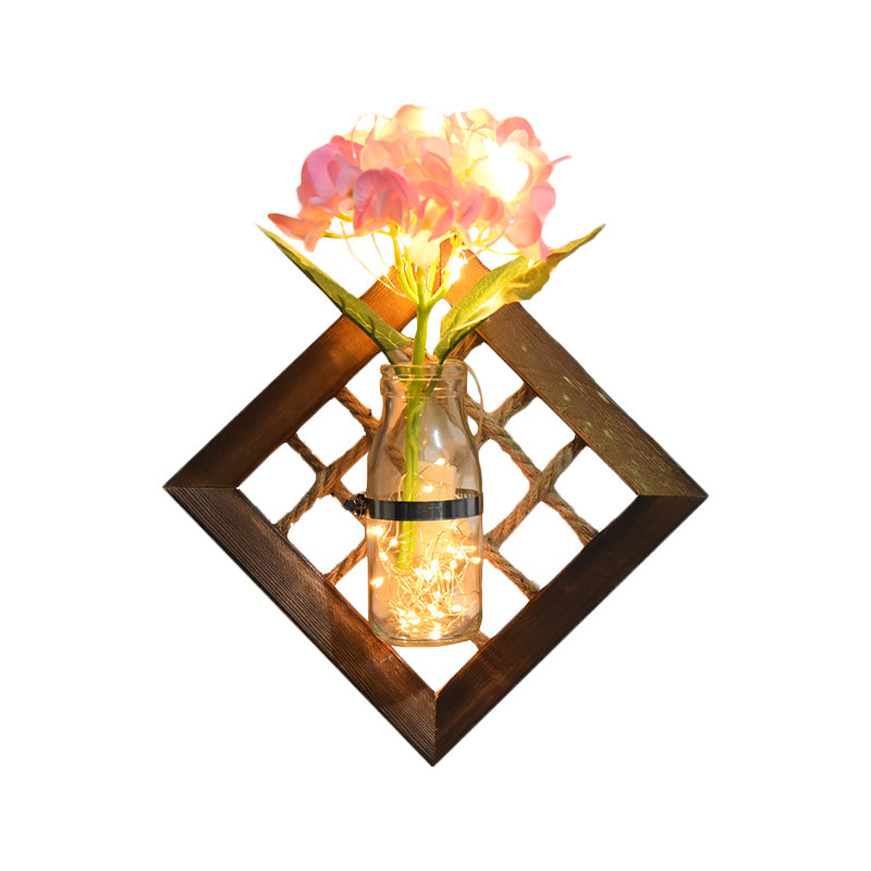 Skørter | Pink Flower Accent Wall Light Asian Style Clear Glass Light String with Wooden Backplate