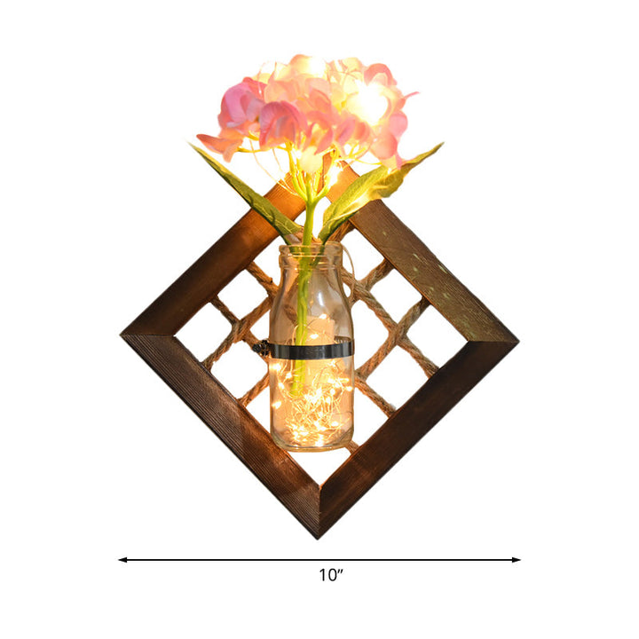 Skørter | Pink Flower Accent Wall Light Asian Style Clear Glass Light String with Wooden Backplate