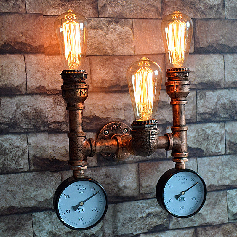 Skørter | 3 Light Open Bulb Wall Lamp with Gauge/Valve Decoration Industrial Style Bronze Metal Wall Mount Light over Table