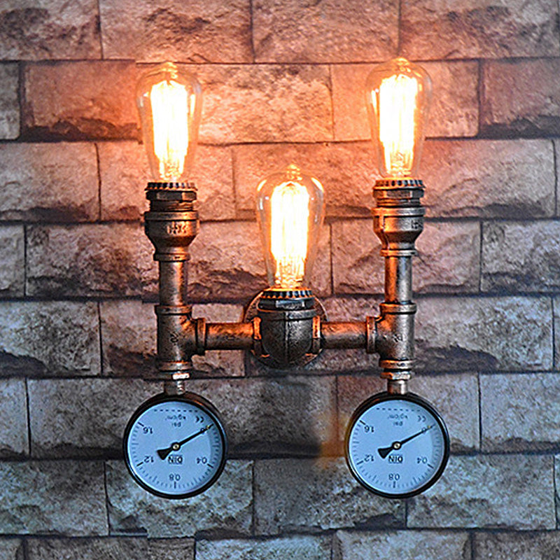 Skørter | 3 Light Open Bulb Wall Lamp with Gauge/Valve Decoration Industrial Style Bronze Metal Wall Mount Light over Table