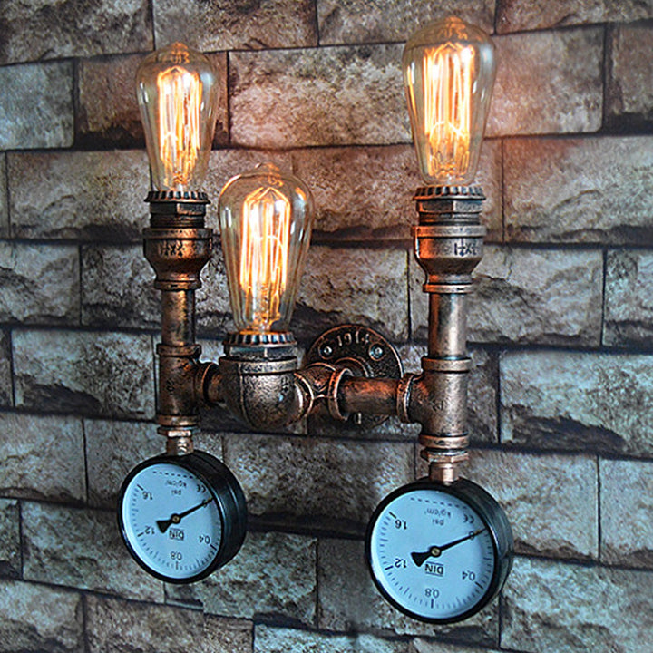 Skørter | 3 Light Open Bulb Wall Lamp with Gauge/Valve Decoration Industrial Style Bronze Metal Wall Mount Light over Table