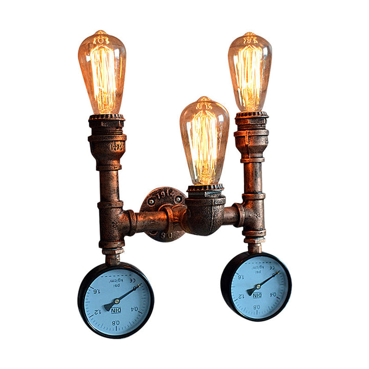 Skørter | 3 Light Open Bulb Wall Lamp with Gauge/Valve Decoration Industrial Style Bronze Metal Wall Mount Light over Table