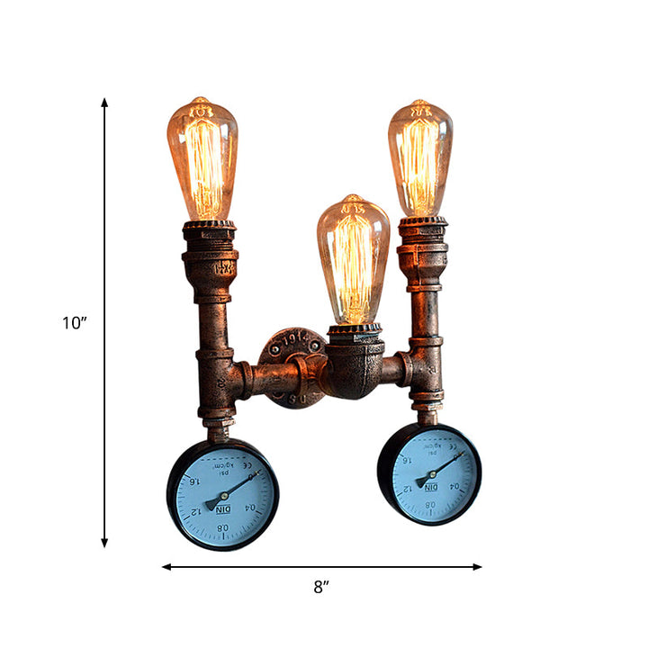Skørter | 3 Light Open Bulb Wall Lamp with Gauge/Valve Decoration Industrial Style Bronze Metal Wall Mount Light over Table