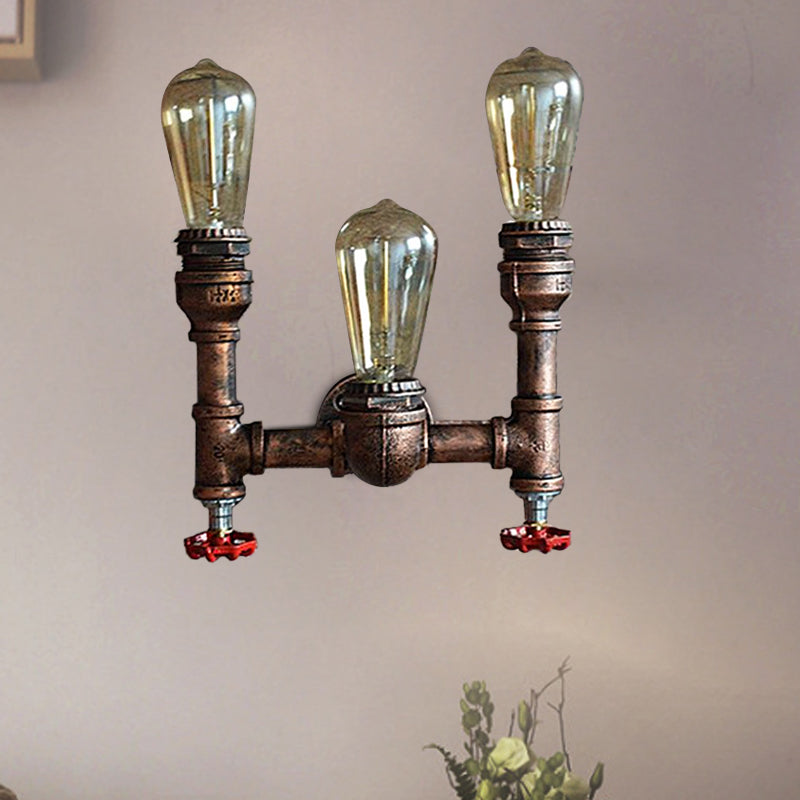 Skørter | 3 Light Open Bulb Wall Lamp with Gauge/Valve Decoration Industrial Style Bronze Metal Wall Mount Light over Table