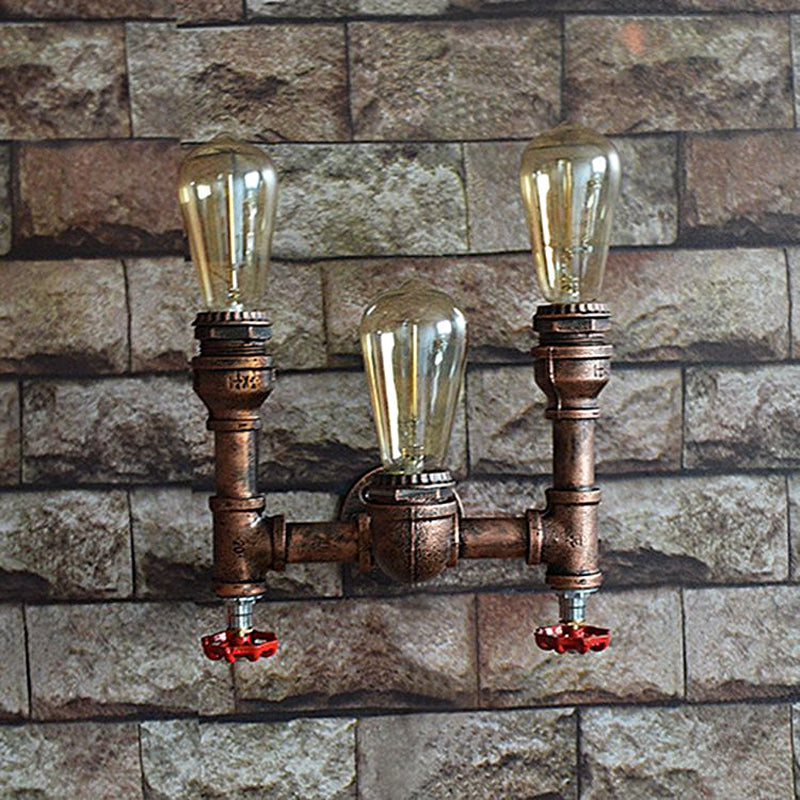 Skørter | 3 Light Open Bulb Wall Lamp with Gauge/Valve Decoration Industrial Style Bronze Metal Wall Mount Light over Table
