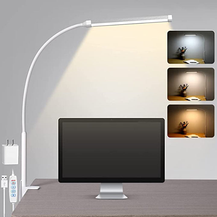 Lisslune | LED Desk Lamp with Lamp, eye-friendly Clip-On Lights for the Home Office, 3 Modes 10 Brightness Levels, long flexible Gooseneck, Metal, Swing Arm Architect Task Desk Lamps with USB Adapter, White