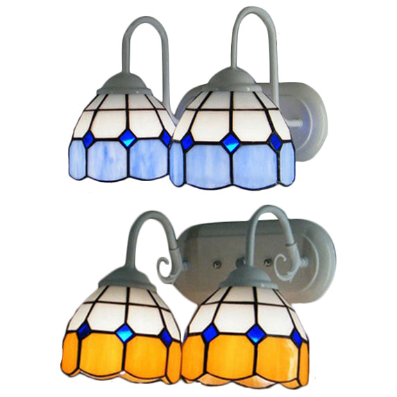 Lisslune | 2 Heads Bowl Wall Lamp with Curved Arm Grid Glass Tiffany Style Vanity Lighting in Blue/Orange for Bathroom