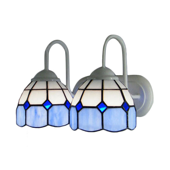 Lisslune | 2 Heads Bowl Wall Lamp with Curved Arm Grid Glass Tiffany Style Vanity Lighting in Blue/Orange for Bathroom