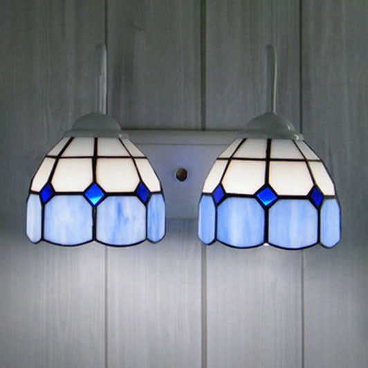 Lisslune | 2 Heads Bowl Wall Lamp with Curved Arm Grid Glass Tiffany Style Vanity Lighting in Blue/Orange for Bathroom