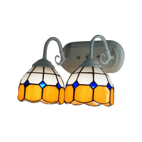 Lisslune | 2 Heads Bowl Wall Lamp with Curved Arm Grid Glass Tiffany Style Vanity Lighting in Blue/Orange for Bathroom