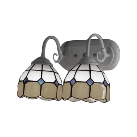 Lisslune | 2 Heads Bowl Wall Lamp with Curved Arm Grid Glass Tiffany Style Vanity Lighting in Blue/Orange for Bathroom