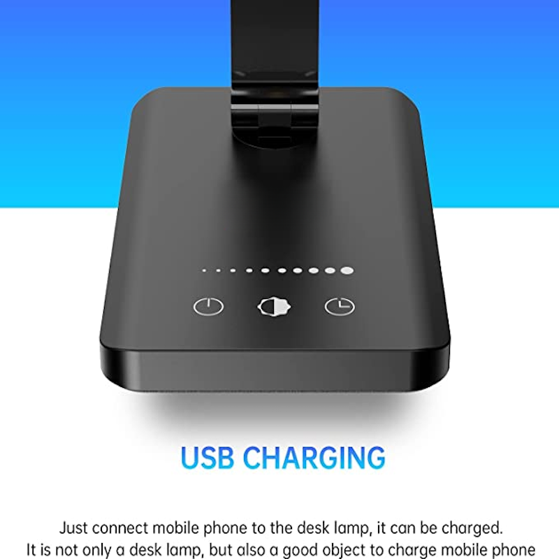 Lisslune | LED desk lamp with USB charging port, dimmable eye-friendly reading lamp for home, with 5 brightness levels & 3 light modes, touch control, auto timer (Black)