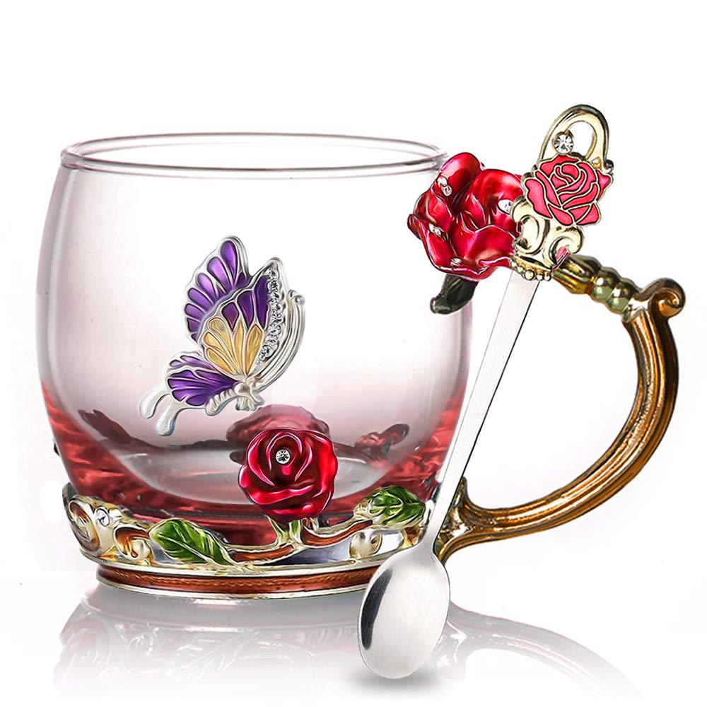 Lisslune | Enamel Rose Glass Tea Cup Set (With Spoon)