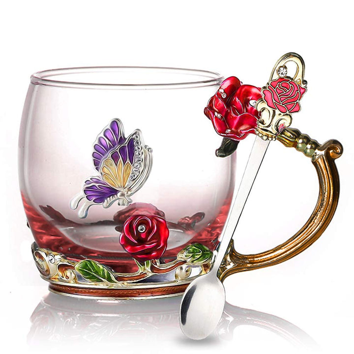 Lisslune | Enamel Rose Glass Tea Cup Set (With Spoon)