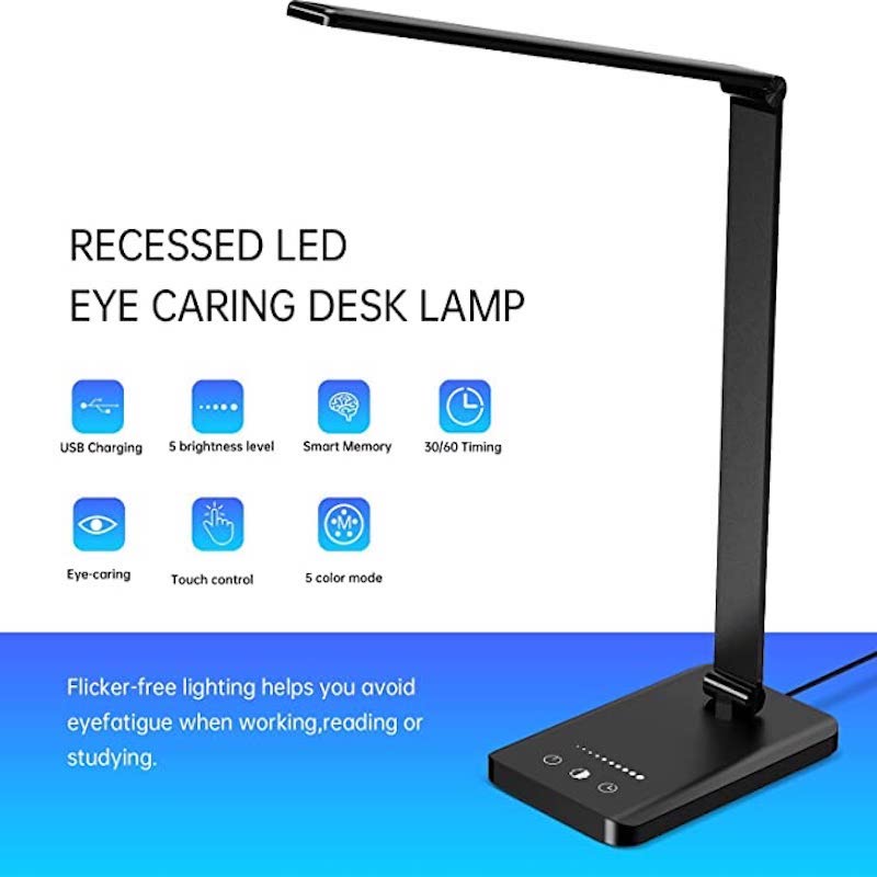 Lisslune | LED desk lamp with USB charging port, dimmable eye-friendly reading lamp for home, with 5 brightness levels & 3 light modes, touch control, auto timer (Black)