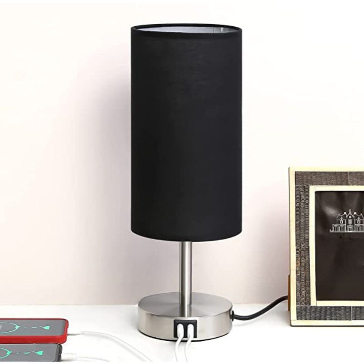 Lisslune | Lamp with USB connection Touch-Control Table Lamp for Bedroom Wood 3-stage dimmable Bedside Lamp with Round Linen Fabric Shade for Living Room, Student Dorm, Home Office