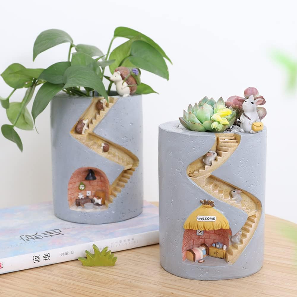 Lisslune | Decorative plant pot with hedgehog and rabbit miniature – Creative staircase design for plants