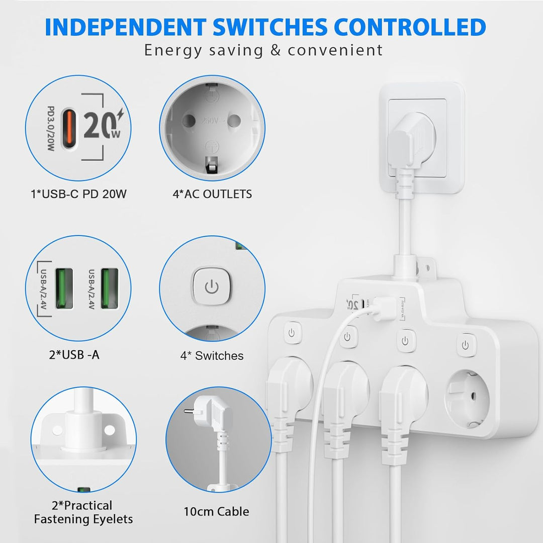 Lisslune | Swivel Wall-Mounted Power Strip with Independent Switches – 3 Outlets + 2 USB-A + 1 USB-C Ports
