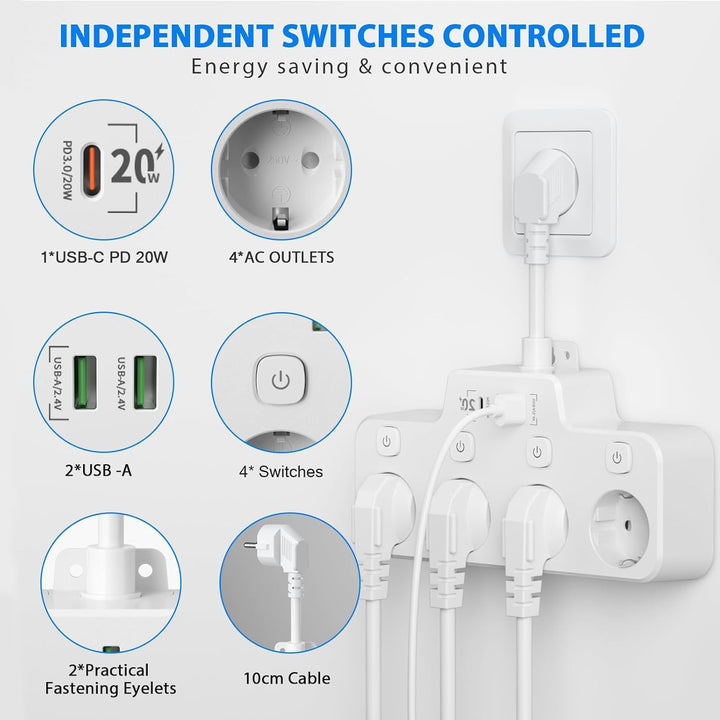 Lisslune | Swivel Wall-Mounted Power Strip with Independent Switches – 3 Outlets + 2 USB-A + 1 USB-C Ports