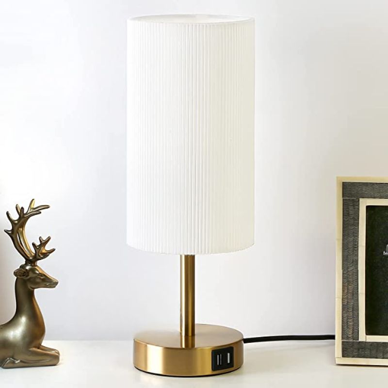 Lisslune | Lamp with USB connection Touch-Control Table Lamp for Bedroom Wood 3-stage dimmable Bedside Lamp with Round Linen Fabric Shade for Living Room, Student Dorm, Home Office