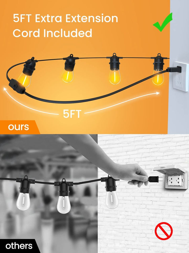 Lisslune | Festoon Lights Outdoor, 53FT/16M S14 Outdoor Garden LED String Lights, IP65 Waterproof Outdoor String Lights Main Power 2700K 15+1(Replacement) Bulbs for Outdoor Patio Terrace Yard Wedding Party
