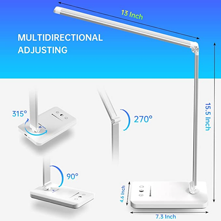 Lisslune | LED desk lamp with USB charging port, dimmable eye-friendly reading lamp for home, with 5 brightness levels & 3 light modes, touch control, auto timer (Black)