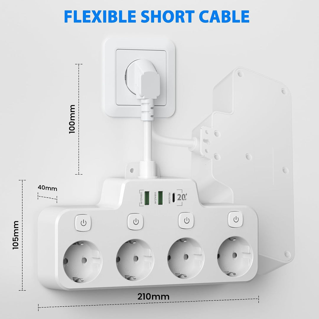 Lisslune | Swivel Wall-Mounted Power Strip with Independent Switches – 3 Outlets + 2 USB-A + 1 USB-C Ports
