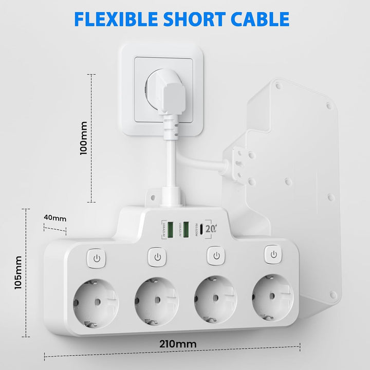 Lisslune | Swivel Wall-Mounted Power Strip with Independent Switches – 3 Outlets + 2 USB-A + 1 USB-C Ports
