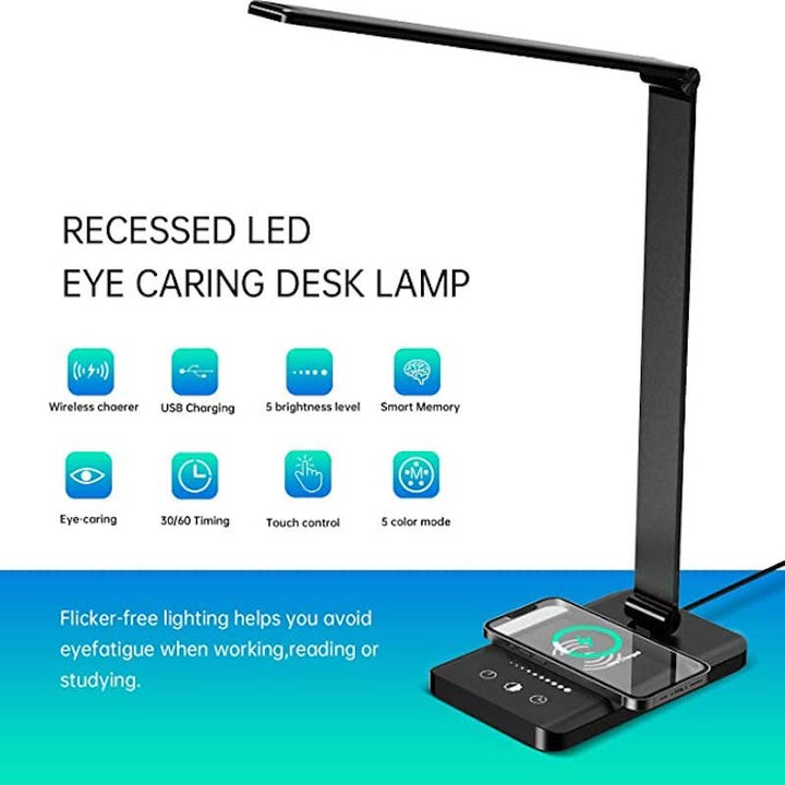 Lisslune | LED desk lamp with USB charging port, dimmable eye-friendly reading lamp for home, with 5 brightness levels & 3 light modes, touch control, auto timer (Black)