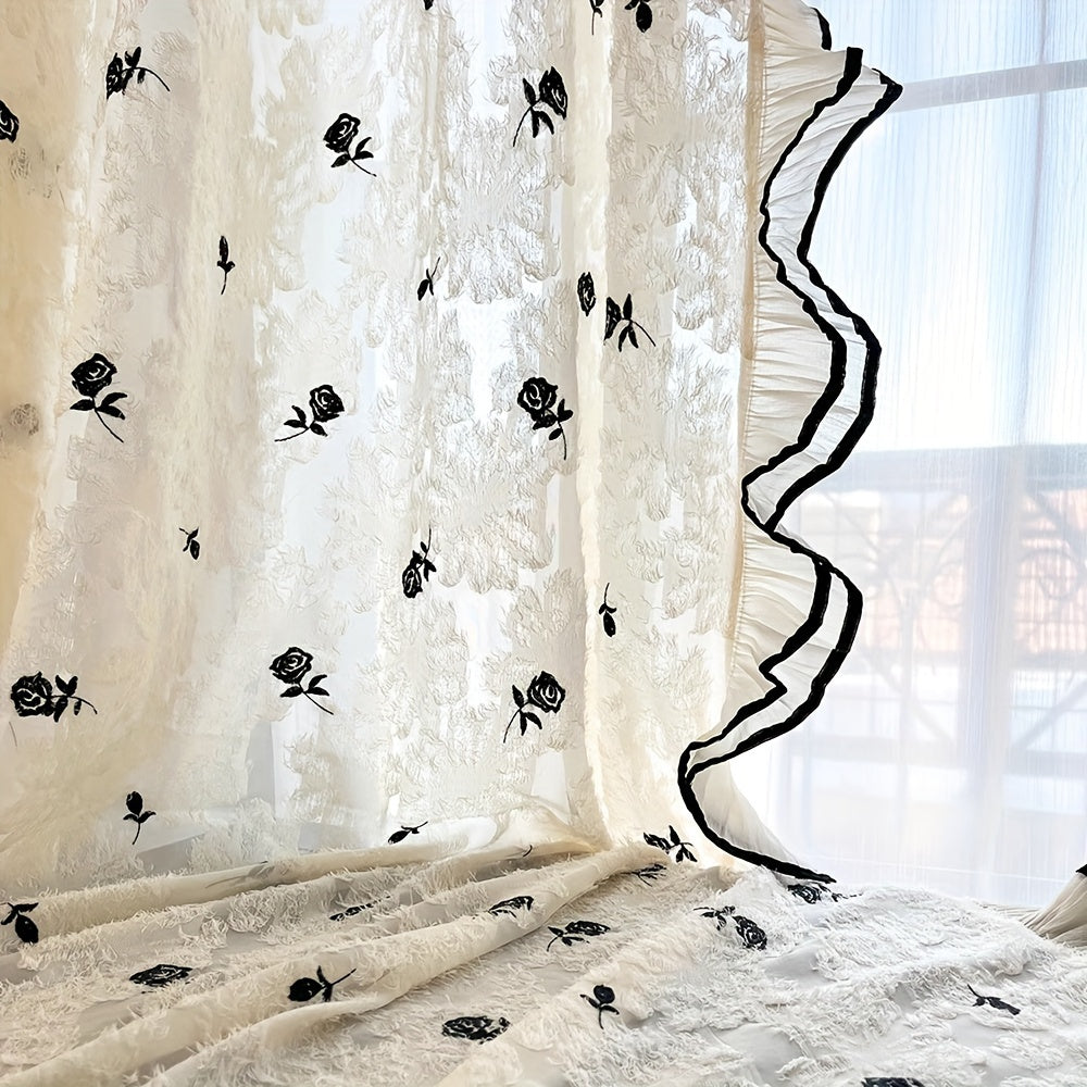 Rynx | Elegant French Romantic Rose Embroidered Curtains - 2 Piece Set, Beige & Cream Ruffle Design for Living Room and Bedroom, Light Filtering Rod Pocket Curtains