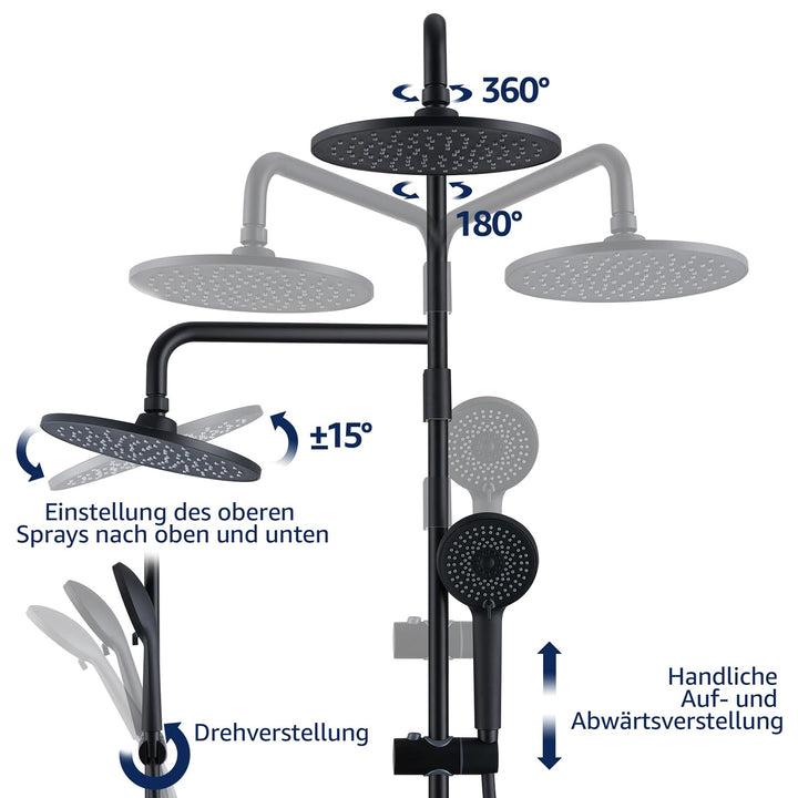 Lisslune | Rain shower shower system without fittings, Black hand shower with 3 functions, Stainless steel shower set with round head shower, Shower rod SUS304
