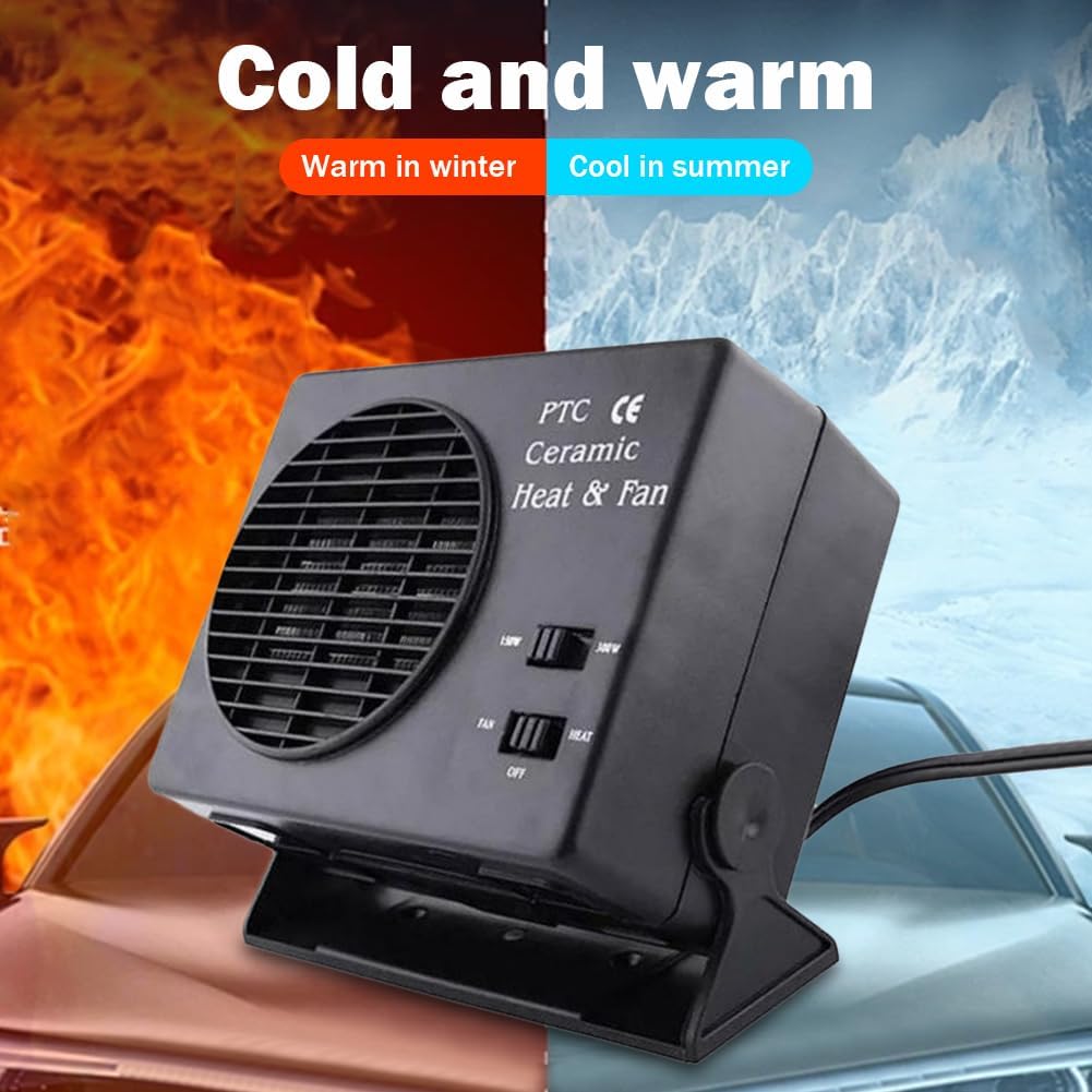 Lisslune | 12V Ceramic Car Heater | 150W-300W Portable Fan with Automatic Thermostat for Winter Use in Vehicles