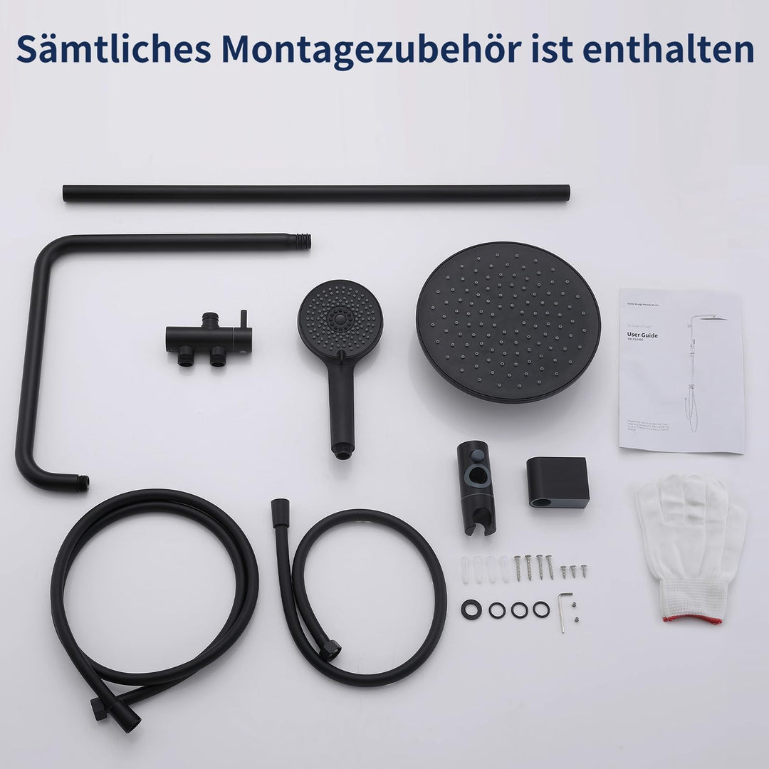 Lisslune | Rain shower shower system without fittings, Black hand shower with 3 functions, Stainless steel shower set with round head shower, Shower rod SUS304