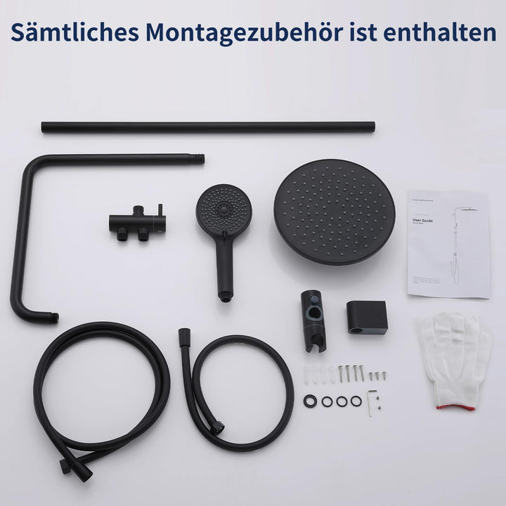 Lisslune | Rain shower shower system without fittings, Black hand shower with 3 functions, Stainless steel shower set with round head shower, Shower rod SUS304