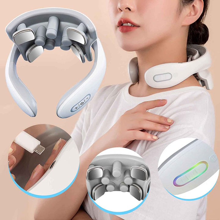 Lisslune | Neck massager with heat, pain therapy, smart neck massager, 4 massage heads portable deep tissue trigger point massager