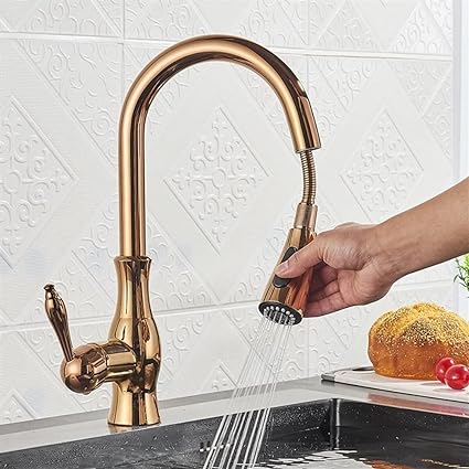 Lisslune | Brass Kitchen Faucet Pull Out Mixer Sink Water Tap 360 Rotation Single Handle
