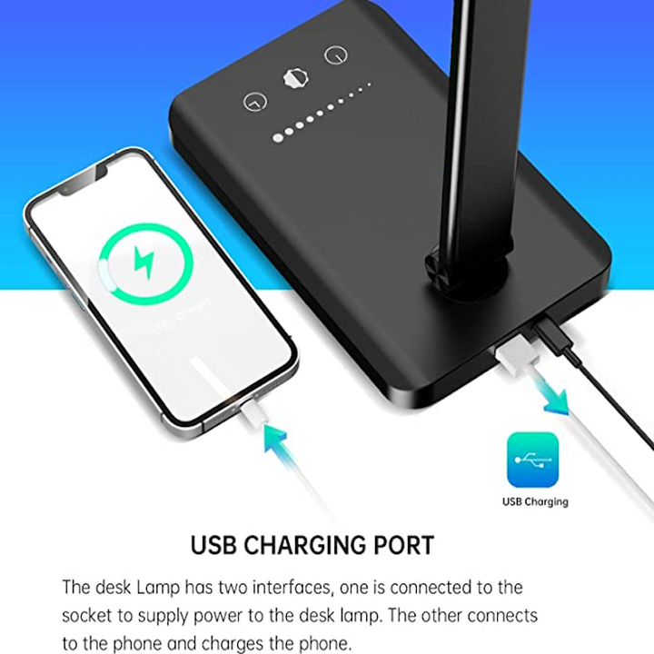 Lisslune | LED desk lamp with USB charging port, dimmable eye-friendly reading lamp for home, with 5 brightness levels & 3 light modes, touch control, auto timer (Black)