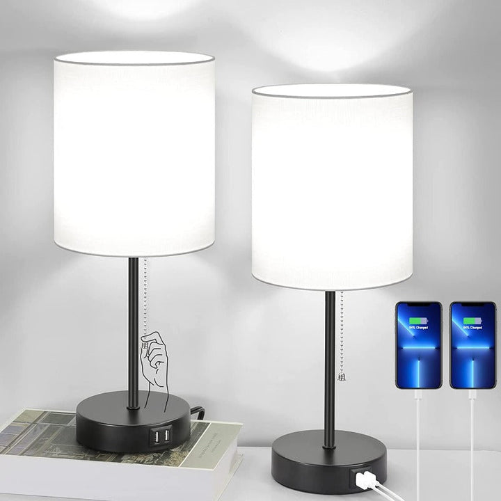 Lisslune | Table lamp set of 2 with USB charging ports, gray bedside lamps with AC outlet, bedside lamps with pull switch, minimalist modern desk lamps with fabric shade for living room bedroom office
