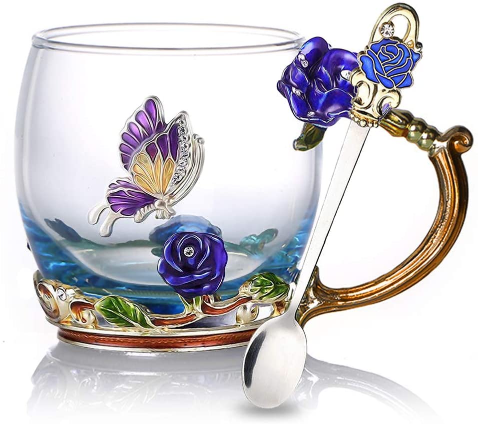 Lisslune | Enamel Rose Glass Tea Cup Set (With Spoon)